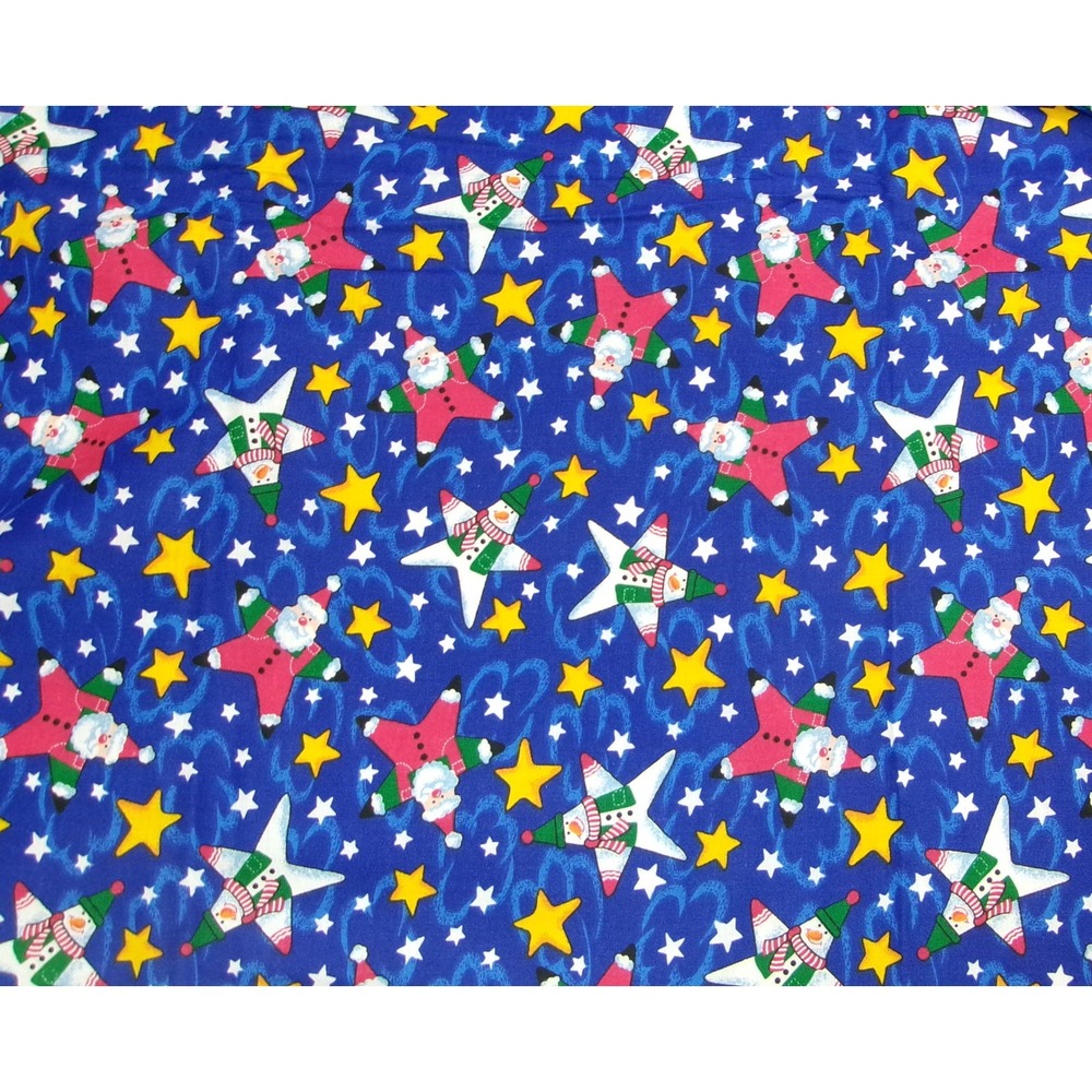 PSE Christmas Santa Star Snowman Star Blue Cotton Fabric 3+ Yards
